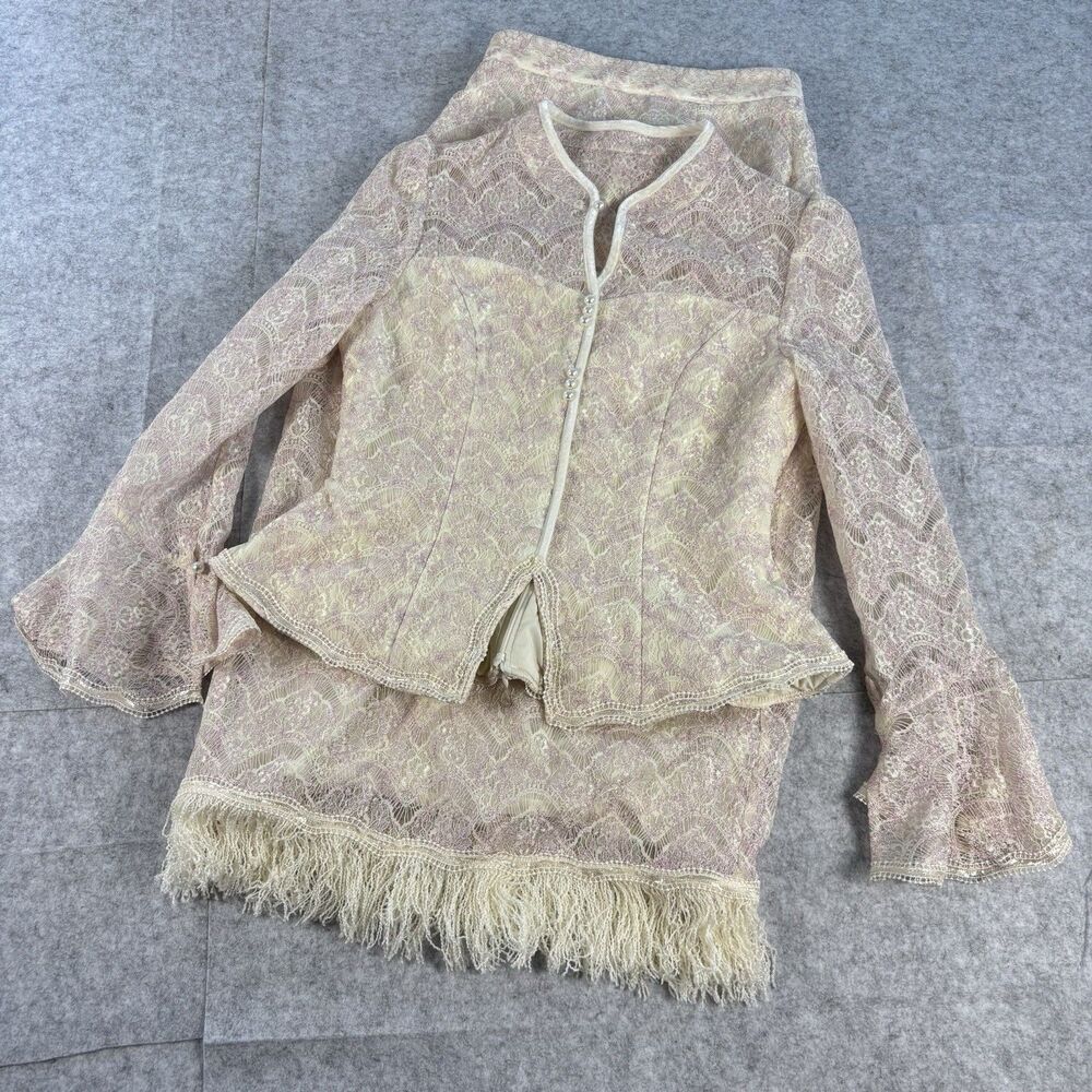 Romantic Lace 2 Piece Skirt Suit Womens M Pink Ivory Bell Sleeve Fringe BOHO Y2K